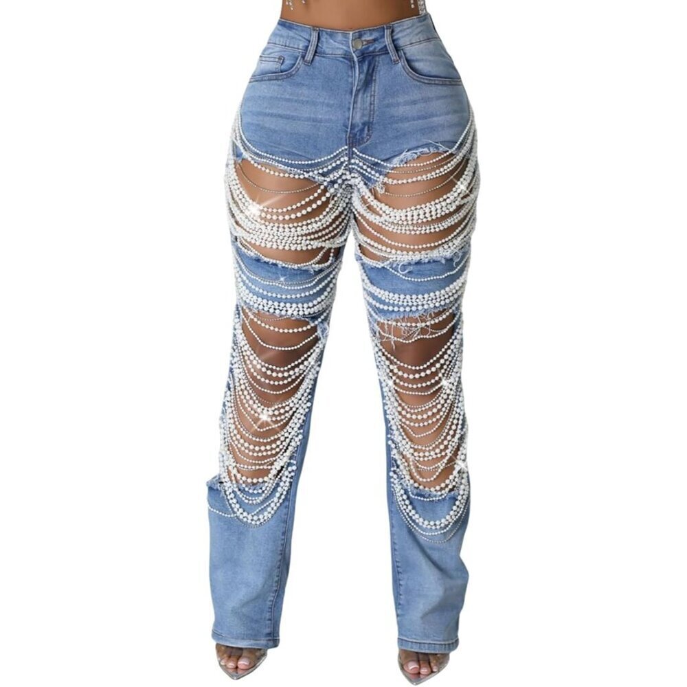 Women's Ripped Stretchy Denim High Waist Straight Leg Jeans Pearl Bling